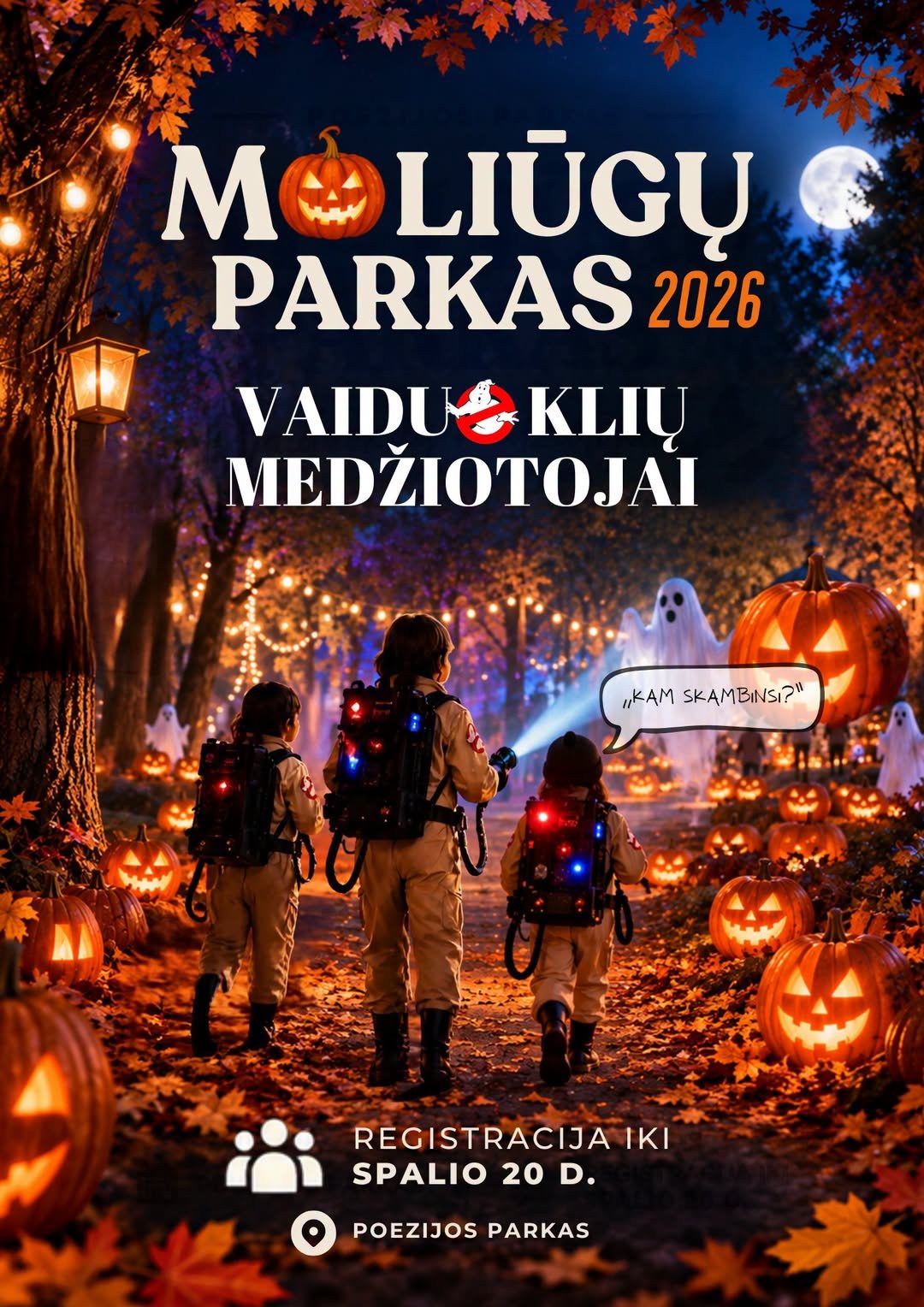 Renginio „Moliūgų parkas 2026“ Marijampolės Poezijos parke plakatas su vaiduoklių medžiotojais