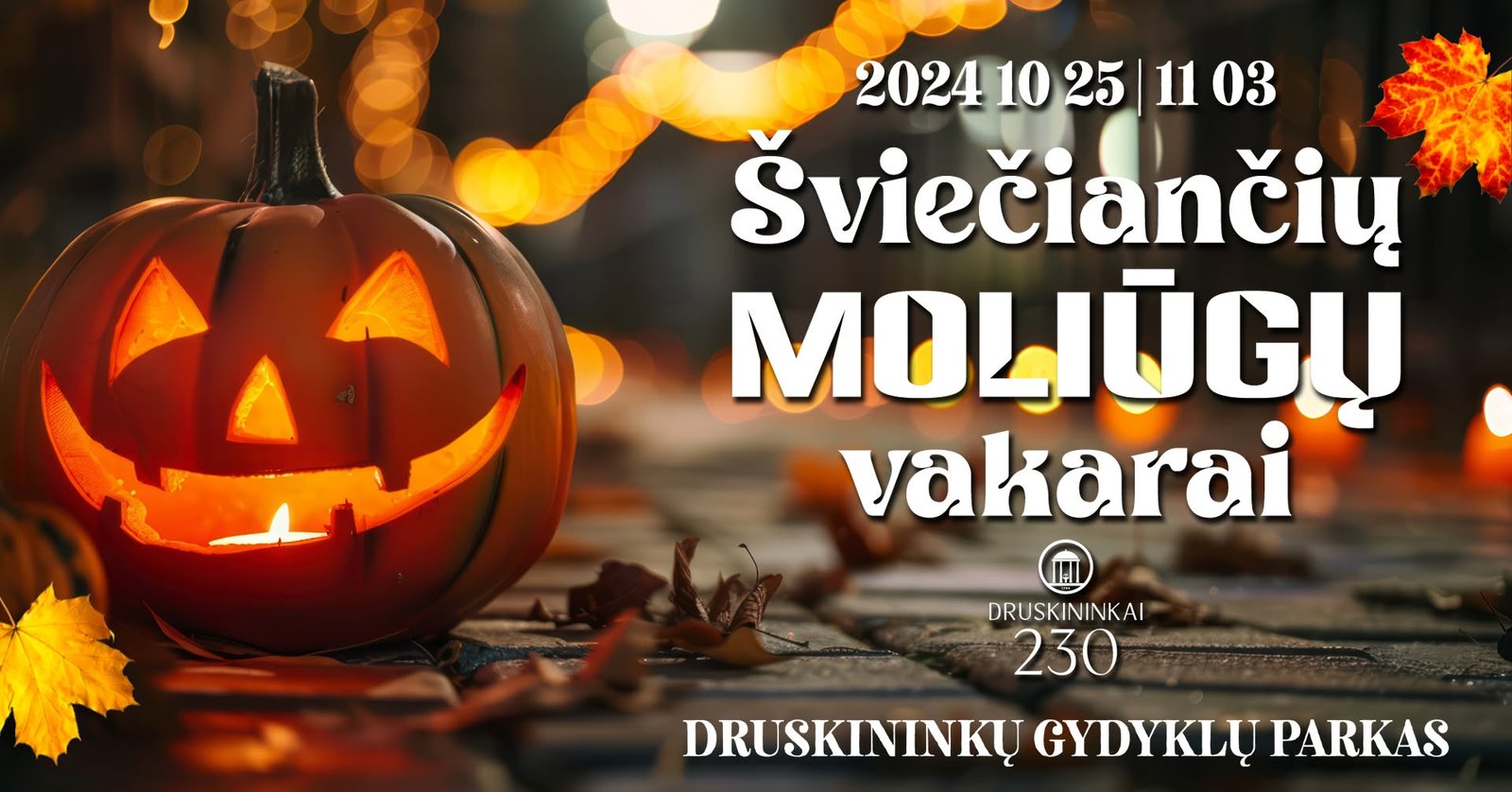 Renginio „Šviečiančių moliūgų vakarai“ Druskininkų Gydyklų parke reklaminis plakatas