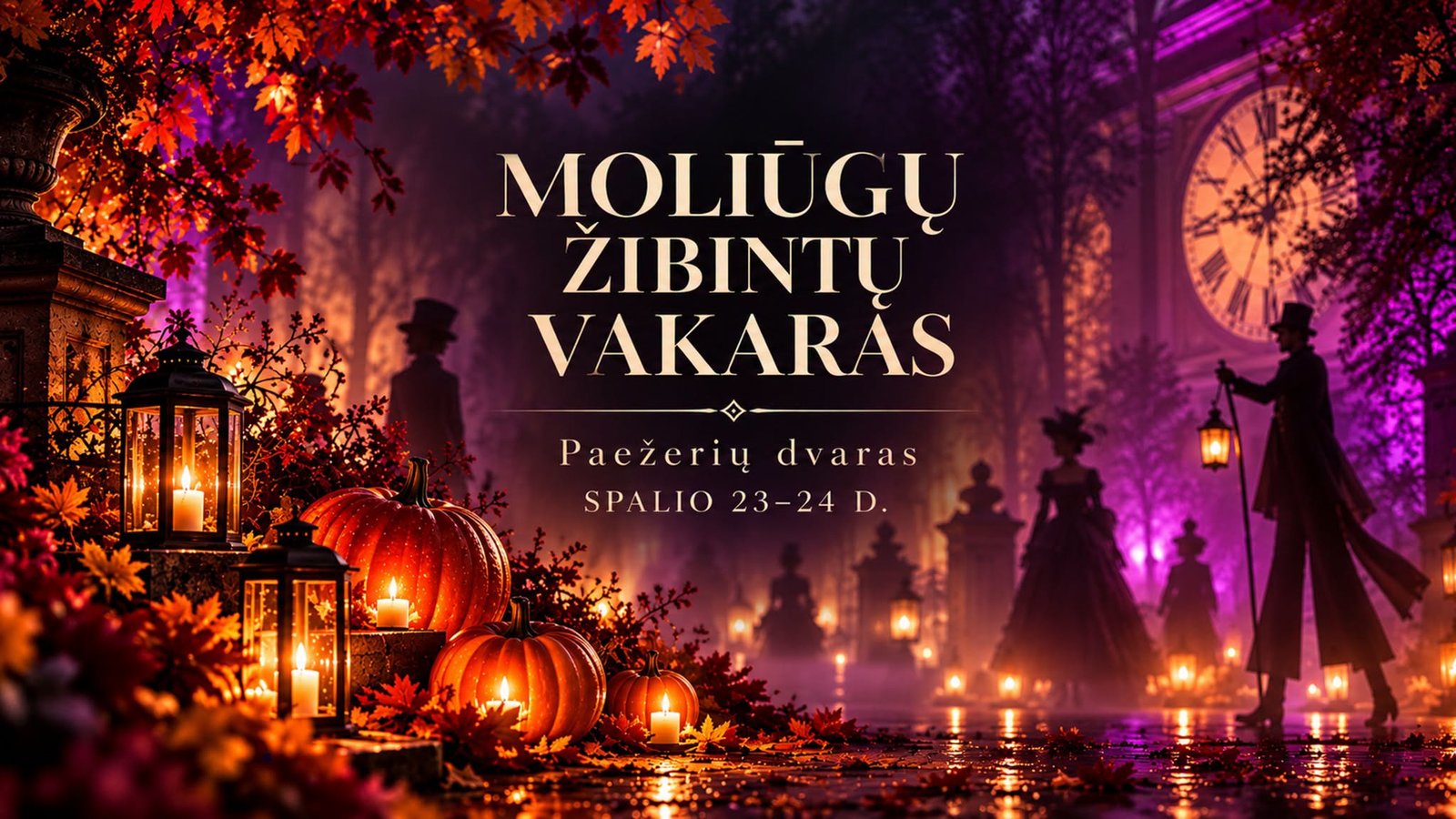 „Moliūgų žibintų vakaras“ Paežerių dvare reklaminis plakatas su šviečiančiais moliūgais