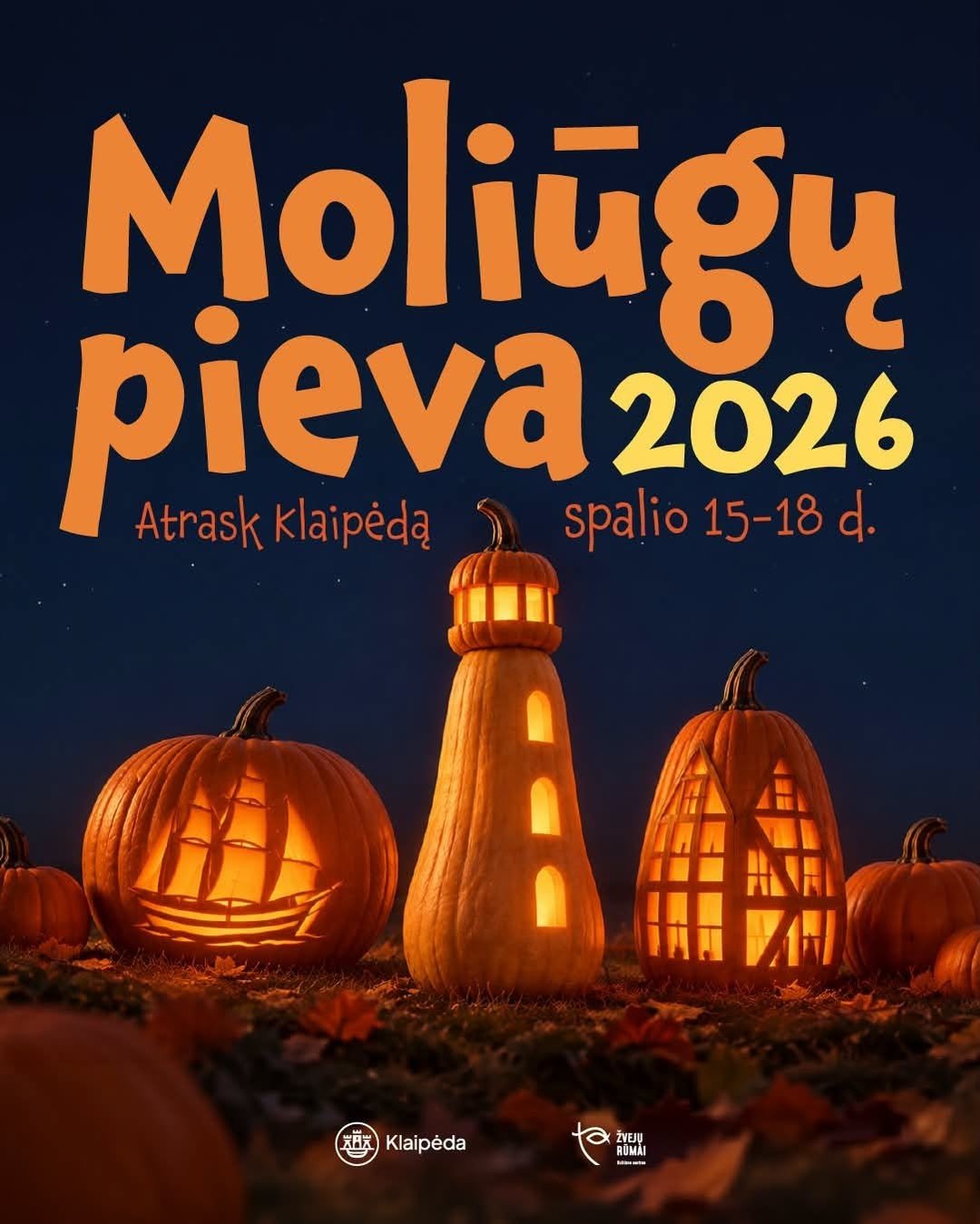 Renginio „Moliūgų pieva 2026“ Klaipėdoje plakatas su išpjaustinėtais moliūgais