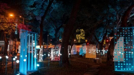 Lietuvos žiemos renginiai su šviesų instaliacijomis ir žmonėmis žiemos vakare.