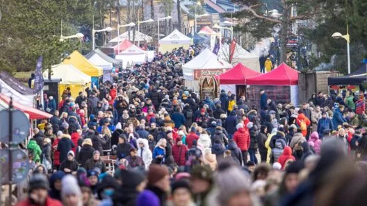 Žmonių minia J. Basanavičiaus gatvėje šventės Palangos stinta 2026 metu, kuri vyksta vasario 6–8 dienomis.
