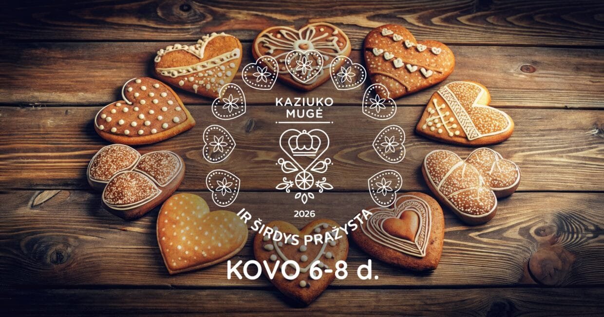Kaziuko mugė 2026 Vilniuje: tradicinė meduolinė širdis ant amatininko prekystalio pavasario šventės šurmulyje senamiestyje.