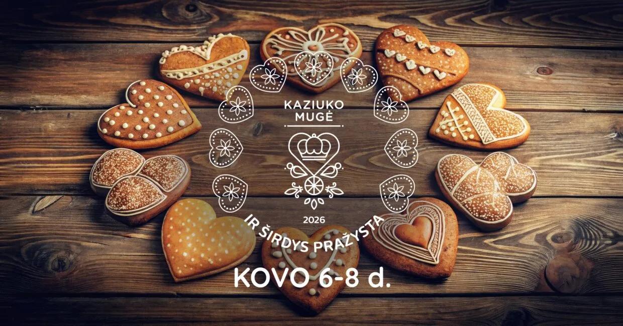 Kaziuko mugė 2026 Vilniuje: tradicinė meduolinė širdis ant amatininko prekystalio pavasario šventės šurmulyje senamiestyje.