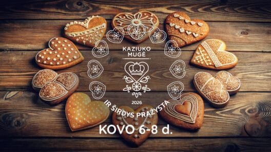 Kaziuko mugė 2026 Vilniuje: tradicinė meduolinė širdis ant amatininko prekystalio pavasario šventės šurmulyje senamiestyje.