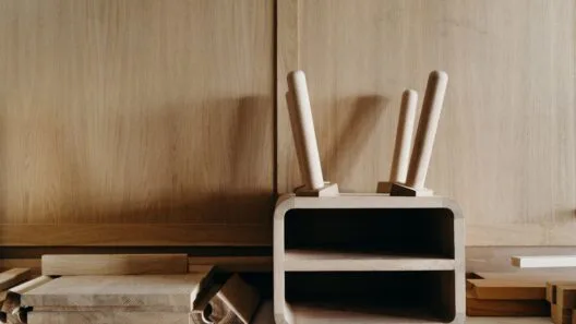 Modernus lietuviškas dizainas namams - natūralaus medžio stalas ir lininės tekstilės detalės šviesiame kambaryje.