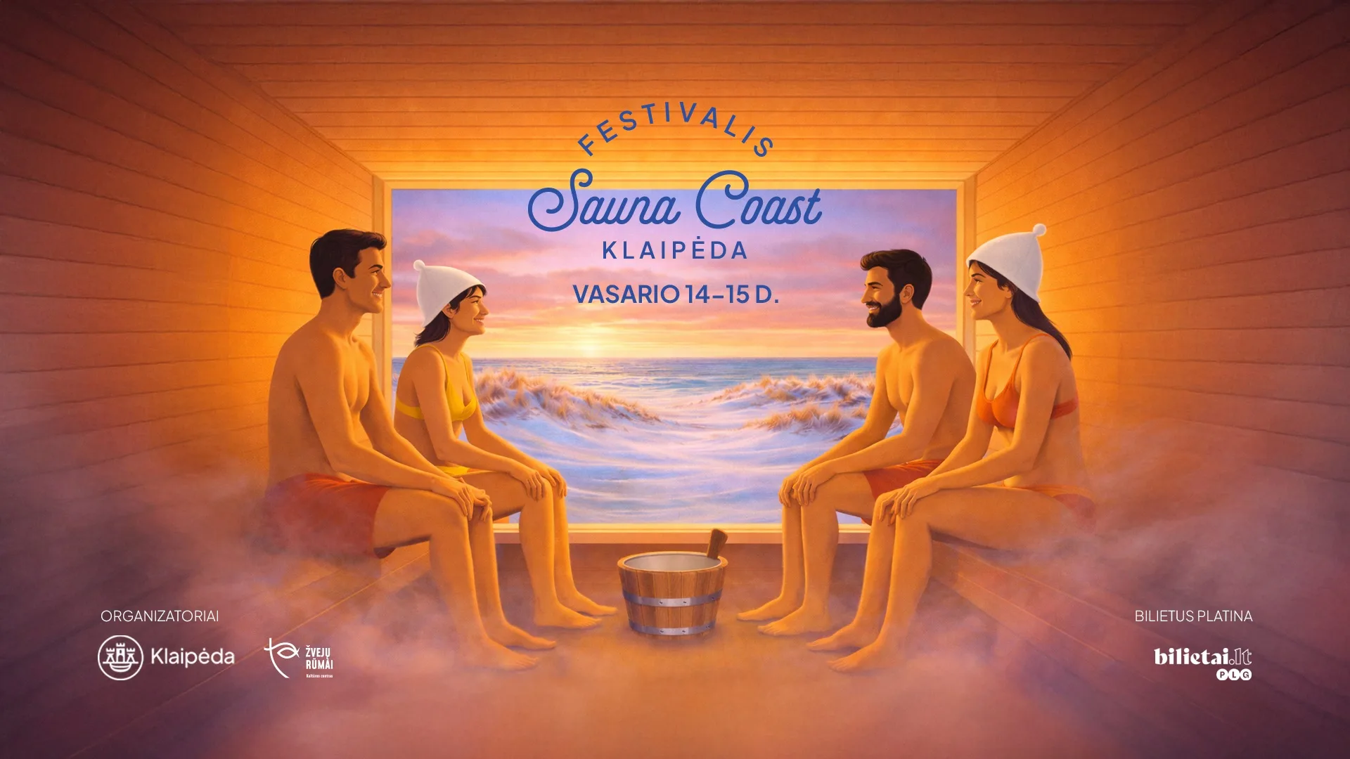 Tarptautinis pirčių festivalis Klaipėdoje Sauna Coast 2026 Melnragės paplūdimyje – pirtininkai ir pirties ritualai pajūryje.