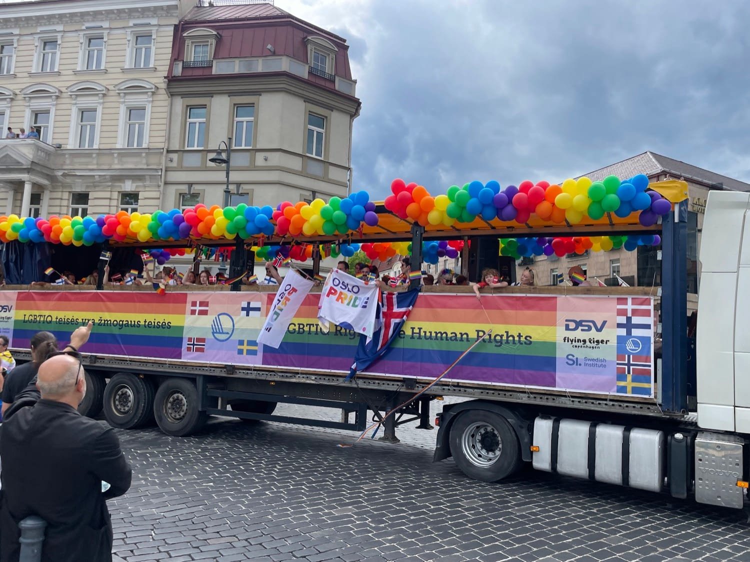 Vaivorykštės vėliavomis pasipuošę žmonės žygiuoja Vilniaus gatvėmis solidarumo akcijos metu.