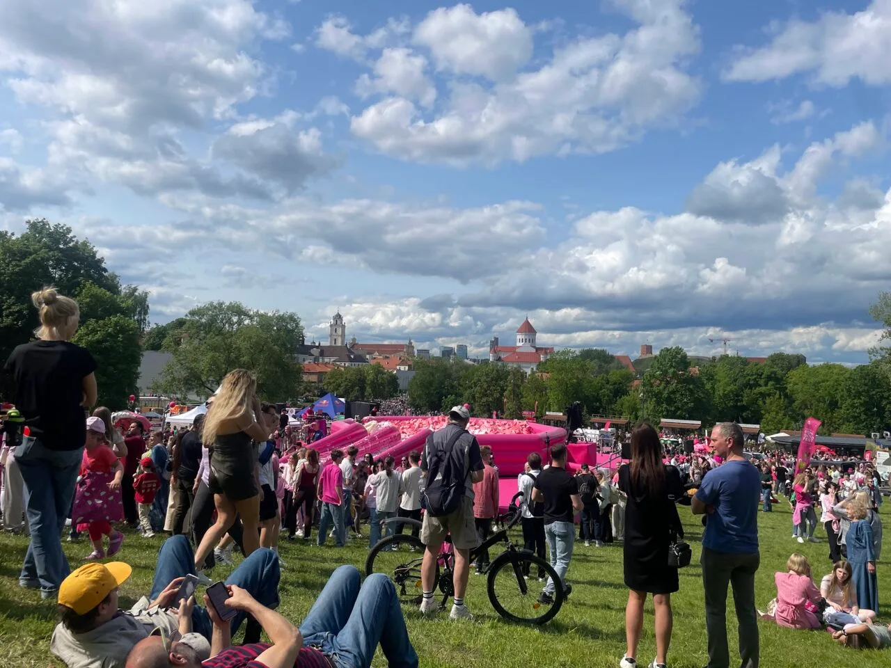 Šaltibarščių festivalis 2026 Vilniuje pritraukė tūkstančius rožine apranga pasipuošusių žmonių prie Baltojo tilto pievos.