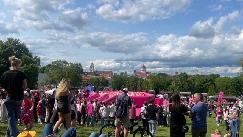 Šaltibarščių festivalis 2026 Vilniuje pritraukė tūkstančius rožine apranga pasipuošusių žmonių prie Baltojo tilto pievos.