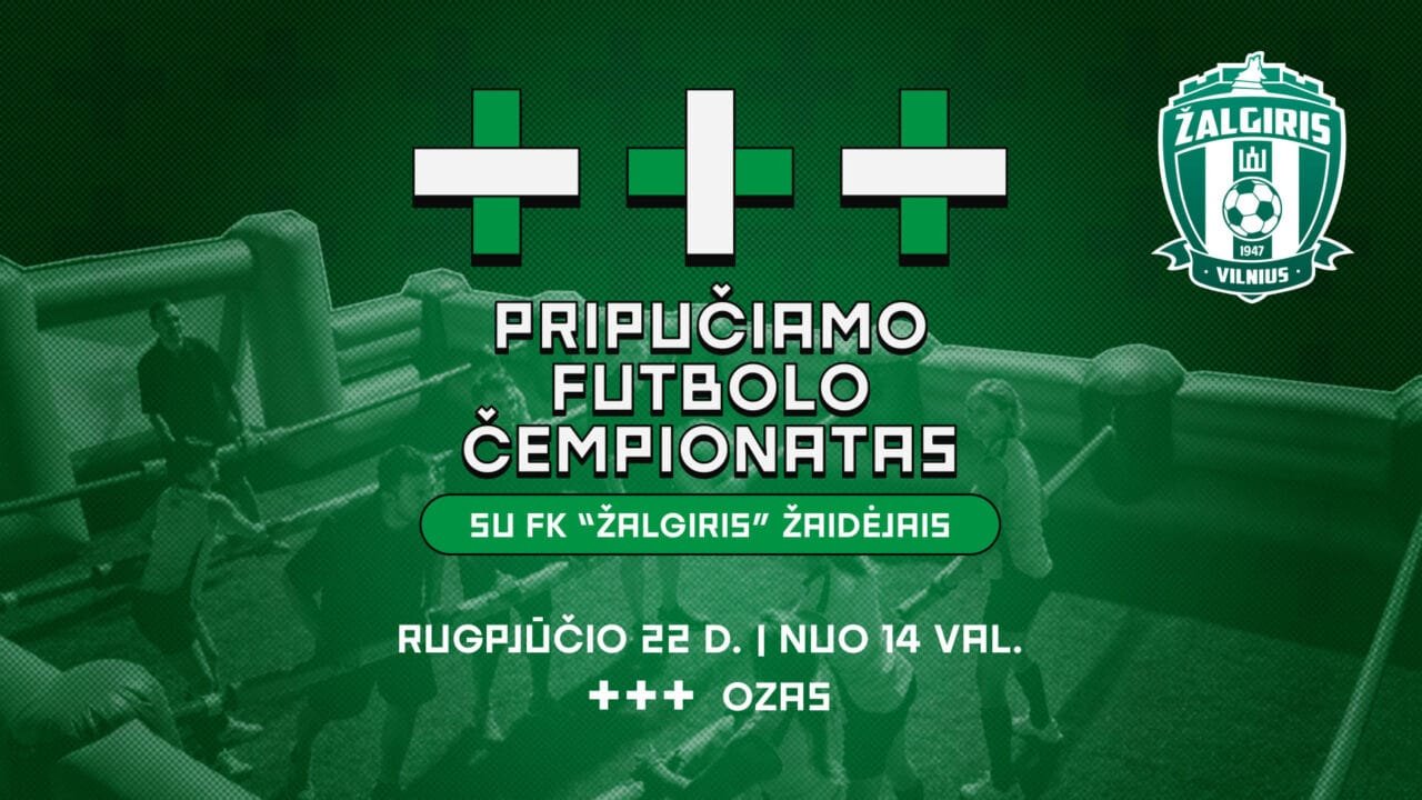 Skelbimas, kuriame rašoma, pripučiamo futbolo čempionatas Ozo terasoje Vilniuje su FK Žalgiris