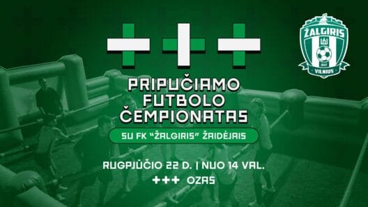 Skelbimas, kuriame rašoma, pripučiamo futbolo čempionatas Ozo terasoje Vilniuje su FK Žalgiris