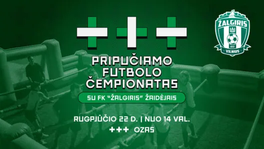 Skelbimas, kuriame rašoma, pripučiamo futbolo čempionatas Ozo terasoje Vilniuje su FK Žalgiris