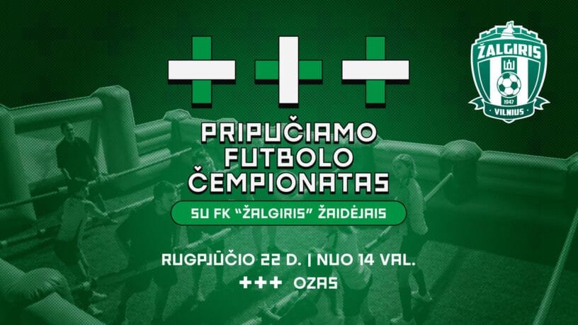 Skelbimas, kuriame rašoma, pripučiamo futbolo čempionatas Ozo terasoje Vilniuje su FK Žalgiris